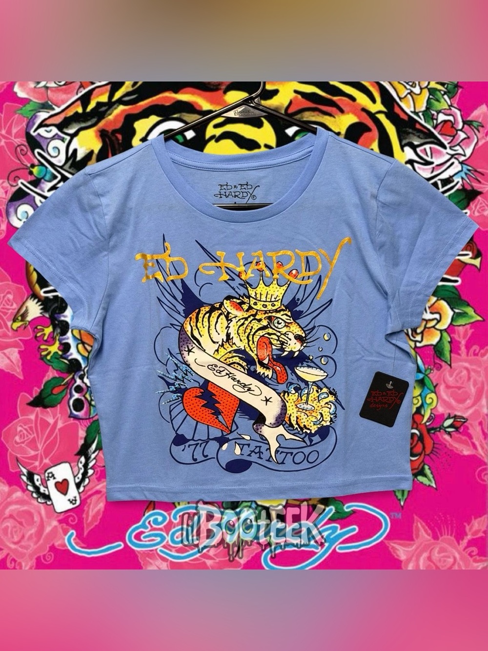 Ed Hardy LG Powder Blue Rhinestone Tiger Crown Tattoo Crop Top T-Shirt NwT Y2K